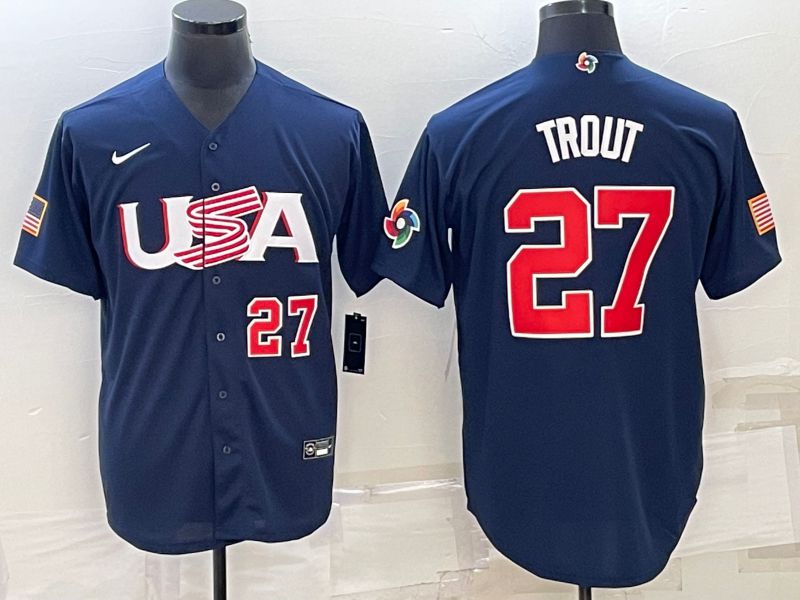 Men 2023 World Cub USA #27 Trout Blue Nike MLB Jersey5